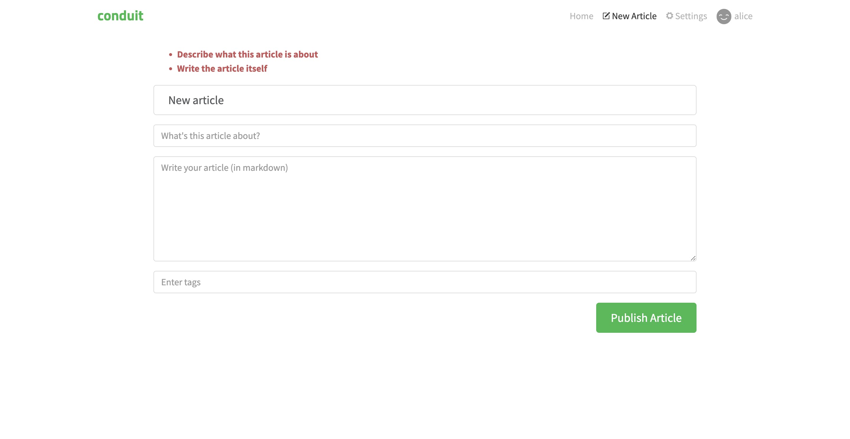 The Conduit article editor, with the title field saying "New article" and the rest of the fields empty. Above the form there are two errors: "Describe what this article is about" and "Write the article itself".